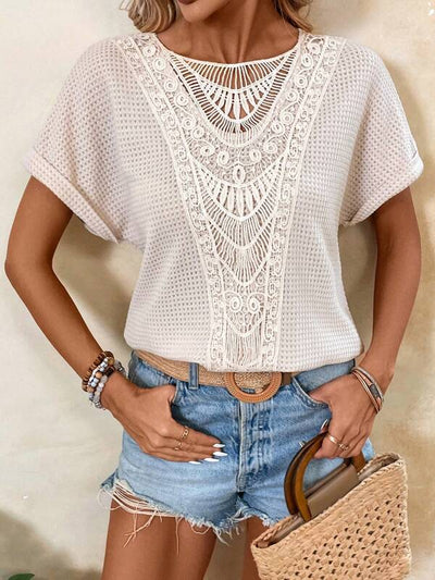 Julina - Camiseta de mujer de encaje liso con mangas murciélago