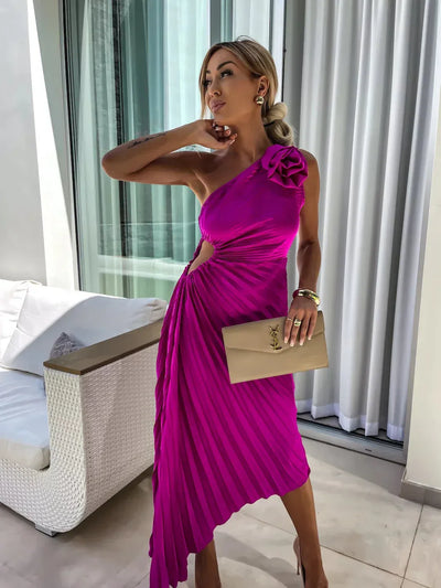 Luna – Vestido floral asimétrico con hombro descubierto